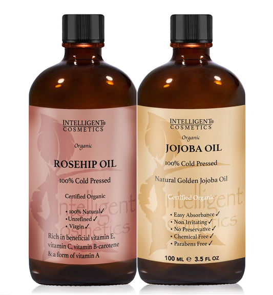 intelligent cosmetics Rosehip Oil & Jojoba Oil 100% Cold Pressed Pure Certified Organic Oil 100ml in Each Bottle, Natural Vitamin E, Vitamin C, for Face, Hair, Nails, Body