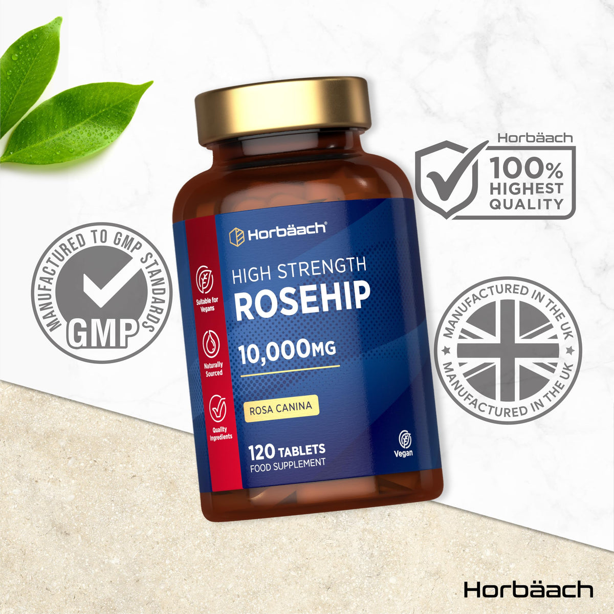 Horbäach Rosehip Tablets 10,000mg | 120 Count | High Strength 20:1 Naturally Sourced Rosa Canina Extract | Suitable for Vegans | By Horbaach
