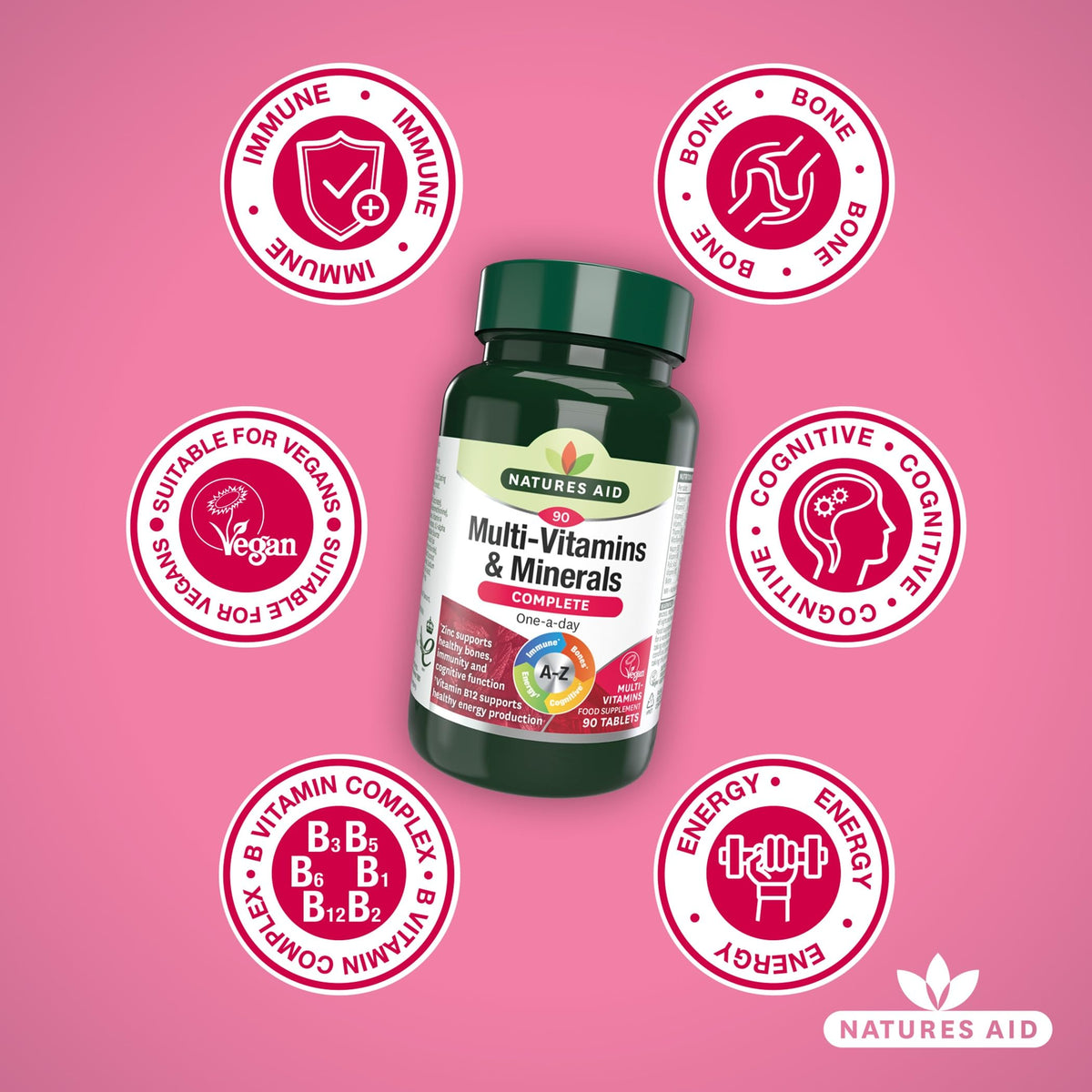 Natures Aid Multivitamins & Minerals – One-a-Day High Potency Daily Multi-Vitamin Supplement inc. B12 & Zinc – Supports Energy, Bones, Immunity, Hair, Nails – Vegan, Non-GMO, Gluten-Free – 90 Tablets
