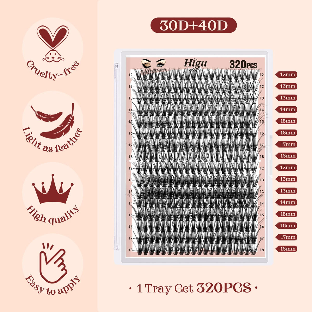 Higu clace 320PCS Lash Clusters C Curl 30D+40D 0.07mm 12-18mm DIY Individual Lashes Cluster Wispy Lash Clusters Matte Black Natural Look DIY Eyelashes at Home (30D+40D-0.07C-12-18MIX)
