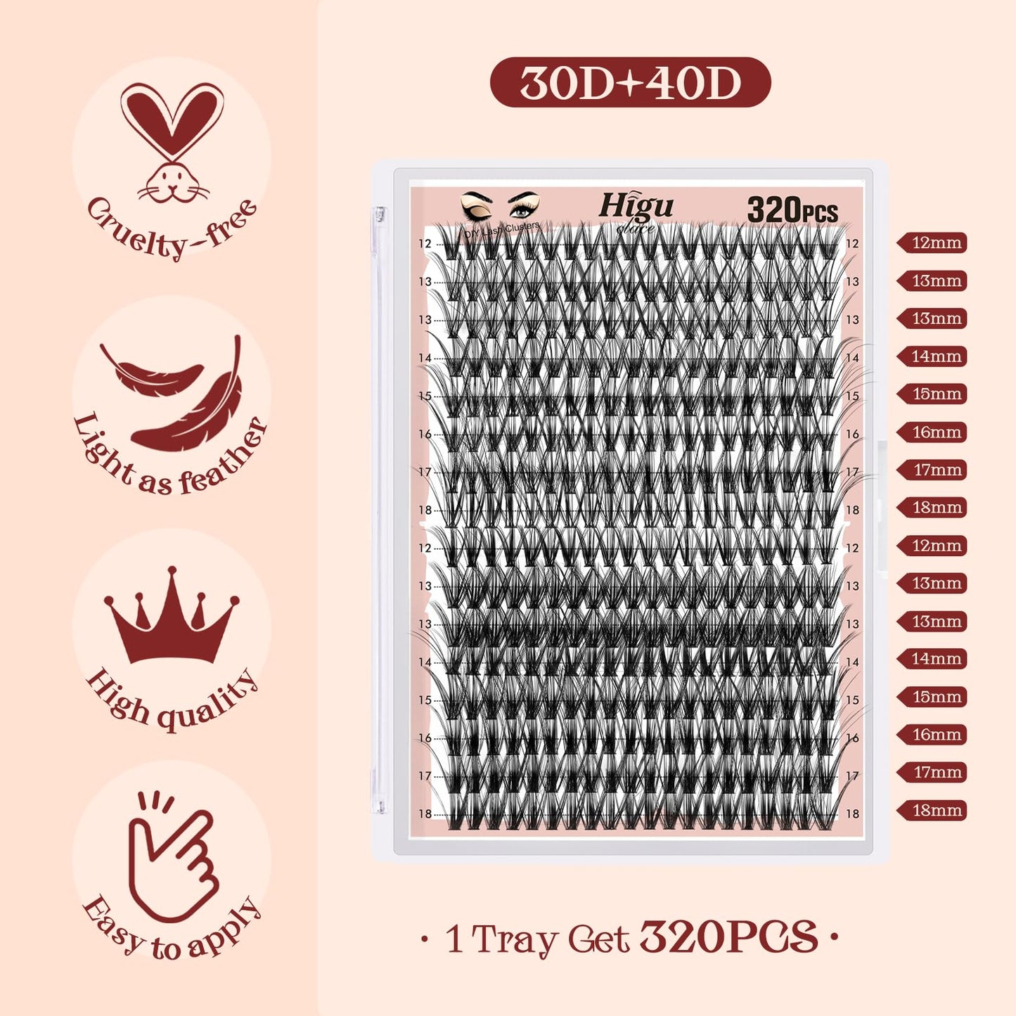 Higu clace 320PCS Lash Clusters D Curl 30D+40D 0.07mm 12-18mm DIY Individual Lashes Cluster Wispy Lash Clusters Matte Black Natural Look DIY Eyelashes at Home (30D+40D-0.07D-12-18MIX)