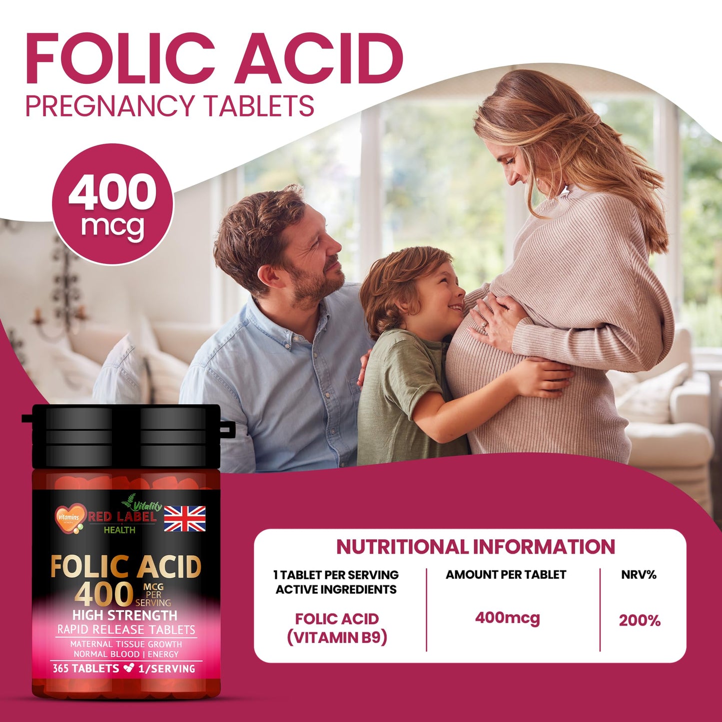 Red Label Health Folic Acid Tablets 400 mcg - 365 Vegan Vitamin B9 Tablets - 1 Year Supply - Pregnancy Care - Normal Function of Immune System & Maternal Tissue Growth During Pregnancy