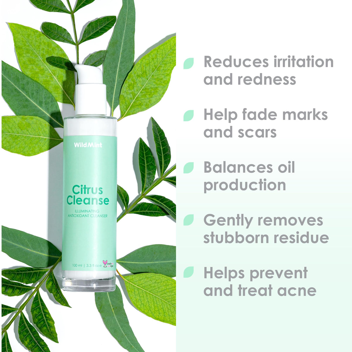 WildMint Citrus Cleanse Natural Face Cleanser | Gentle & Creamy Face Wash for Sensitive, Mature, Acne-Prone & Dry Skin | Vitamin C Brightening Skincare | UK Made Vegan & Cruelty-Free Skincare | 100ml