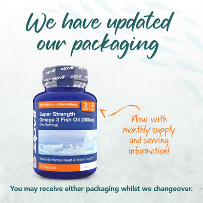 Zipvit Omega 3 Fish Oil 2000mg, EPA 660mg DHA 440mg per Daily Serving. 120 Capsules (2 Months Supply). Supports Heart, Brain Function and Eye Health. 2 Capsules Per Serving