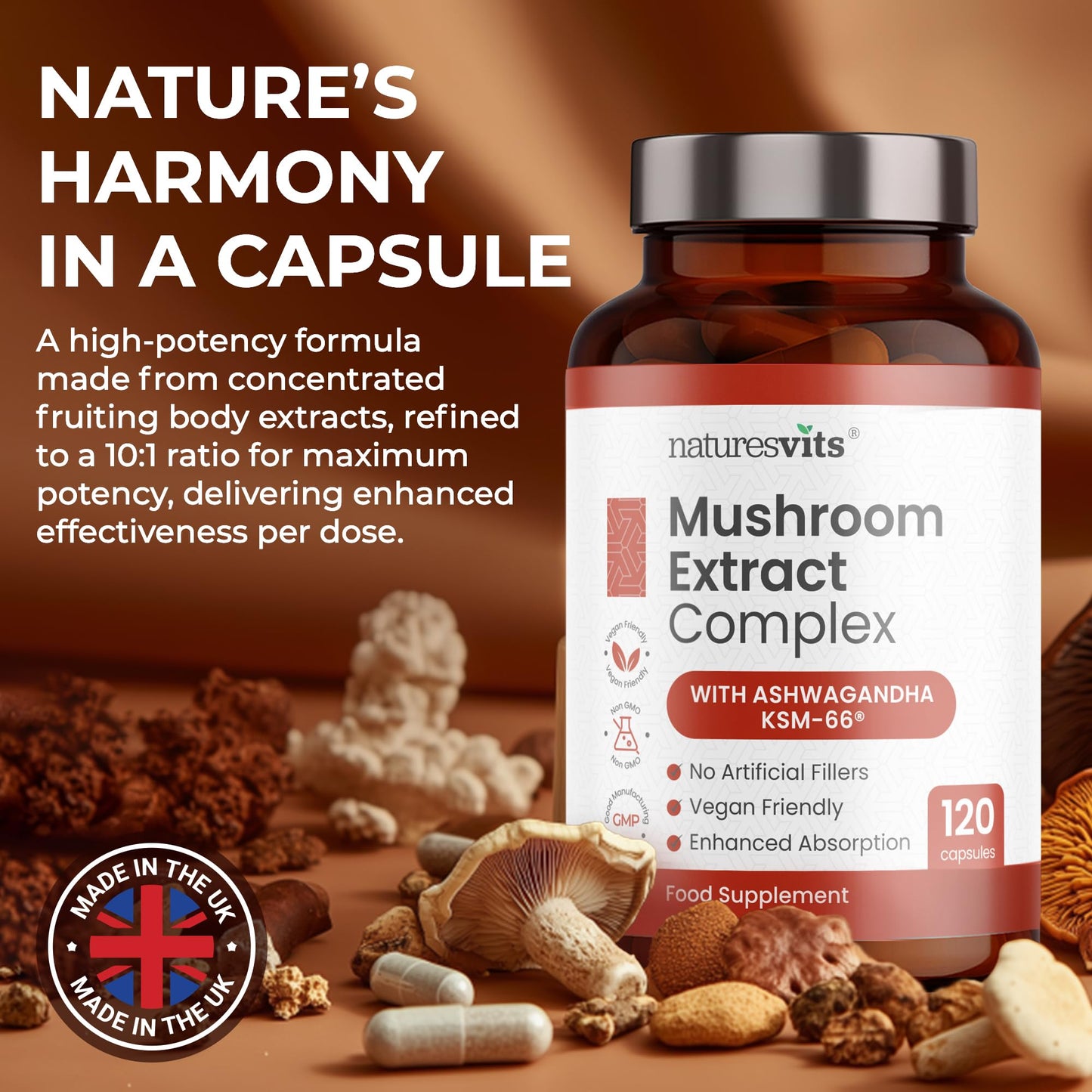 NaturesVits 6 Mushroom Supplement with Ashwagandha, 120 Capsules - Lions Mane, Cordyceps, Shiitake, Reishi, Chaga and Maitake - Complex Mood, Focus and Brain Support Herbal Nootropic - 40% Polysaccharides