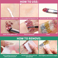 Teenitor Body Glitter with Skin Glue Set, 4 Bottle Face Glitter Makeup & 2 Box Face Gems for Women, Iridescent White Body Glitter Face Glue for Rhinestones for Makeup, Nail Gems with Wax Pencil