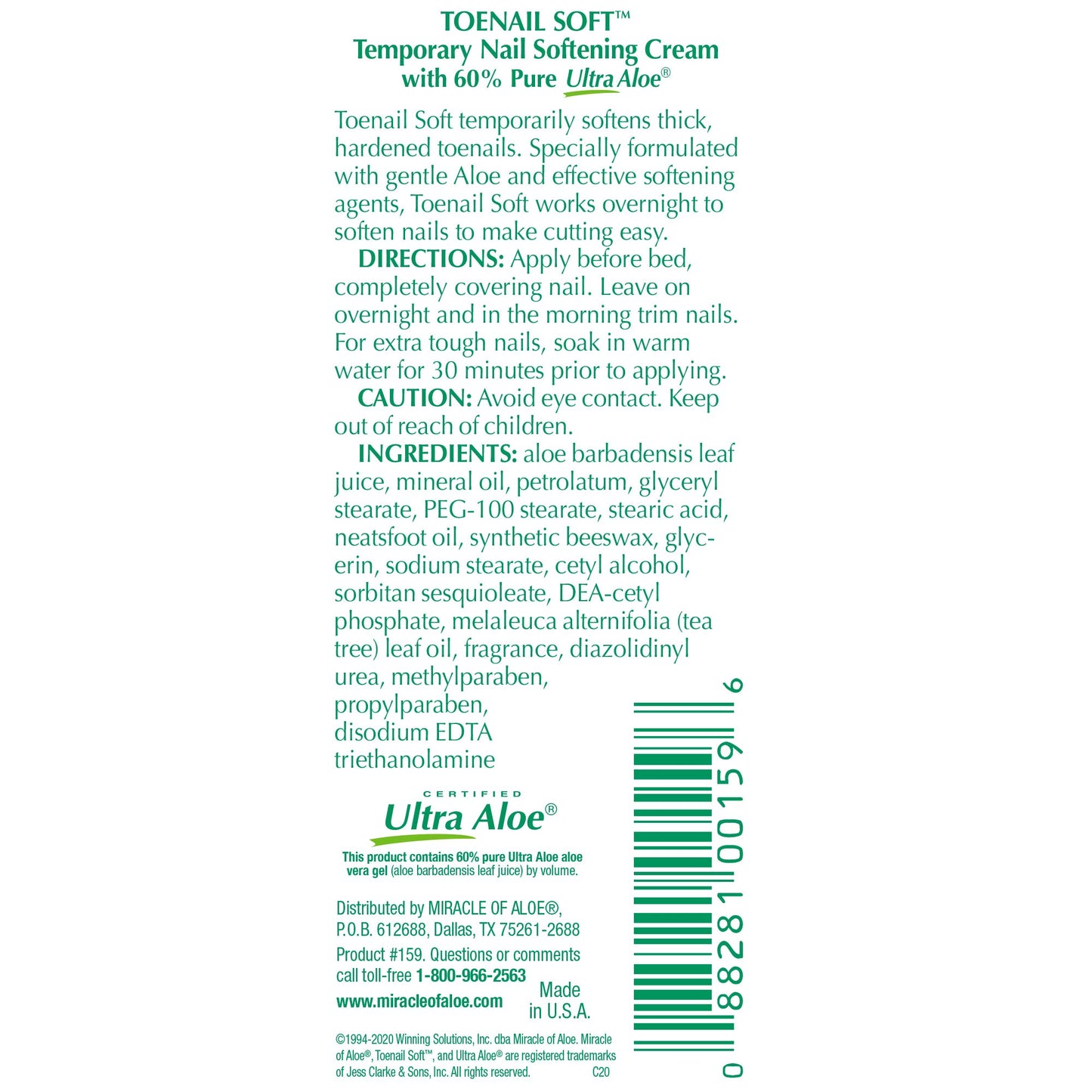 Miracle of Aloe, Toenail Soft 60% UltraAloe Temporary Nail Softening Cream 28.3g