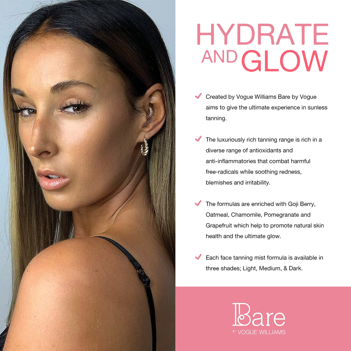 Bare by VogueFake Tan - Self Tan Face Mist, Spray Tan Solution - Light Tan for a Natural Glow on Face & Body - Easy Application Face Tan Mist