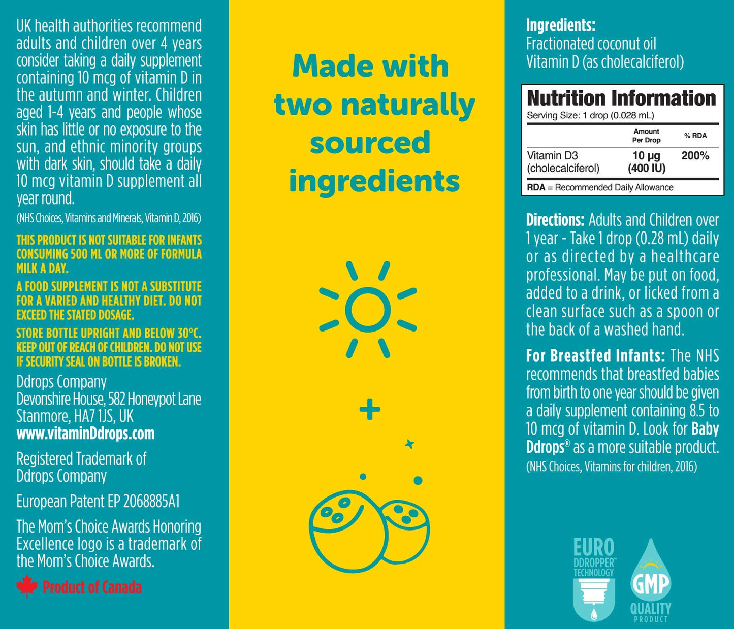 Ddrops One 10 µg 60 Drops - Daily Vitamin D3 Supplement for Kids & Adults. Support Bone Health & Immune System - No Large Capsules, No Preservatives, Non-GMO, Allergen-Friendly