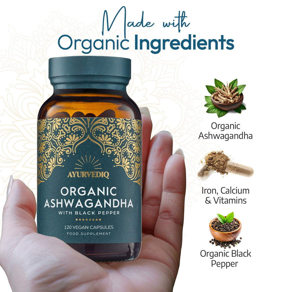 AYURVEDIQ WELLNESS Ayurvediq Wellness Organic Ashwagandha with Organic Black Pepper 650mg, 120 Capsules - Ashwagandha High Strength for Anxiety, Stress Relief for Adults, Better Sleep - Vegan Ayurvedic Products