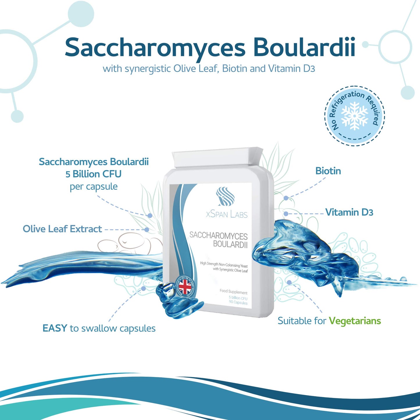 Saccharomyces Boulardii 5 Billion CFU 90 Capsules - No Refrigeration Required - High Strength Non-Colonising Yeast with synergistic Olive Leaf, Biotin and Vitamin D3