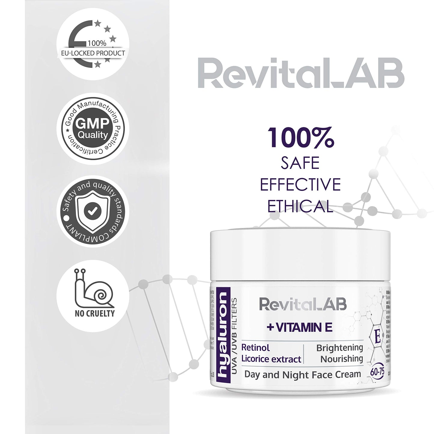 RevitaLAB Hyaluron Anti-Ageing Day and Night Cream, Enriched with Vitamin A (Retinol) Vitamin E, Liquorice Root Extract, Hyaluronic Acid and UV Filters, for Ages 60 – 75, 50 ml