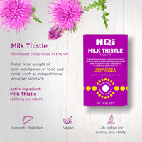 HRI Milk Thistle 30 Tablets - to Relieve Symptoms Associated with Over Indulgence of Food and Drink Such As Indigestion and Upset Stomach. 300 mg of Milk Thistle Extract. 6 Packs