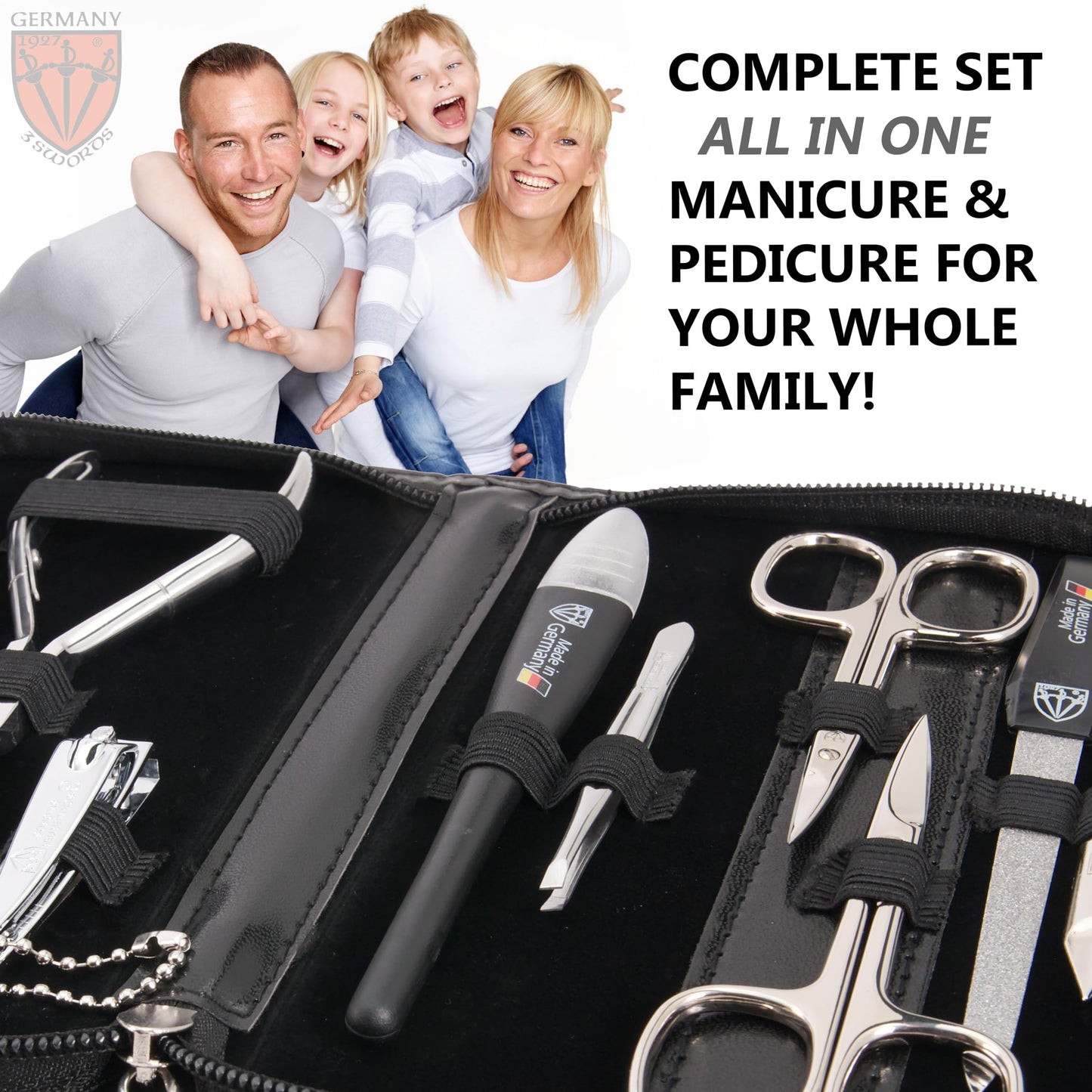3 Swords Germany - brand quality 10 piece manicure pedicure grooming kit set for professional finger & toe nail care scissors clipper fashion leather case in gift box, Made by 3 Swords (000415)