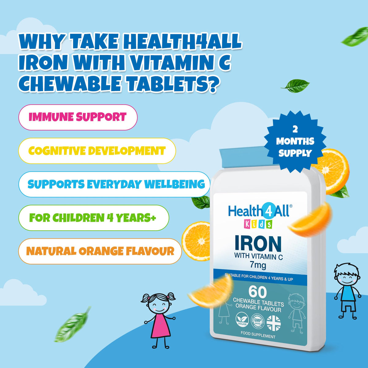 Health4All Kids Iron 60 Chewable Tablets 2 Months Supply, Vegan Sugar-Free Iron Supplement for Children 4+ Supports Learning, Growth & Immune System, Natural Orange Flavour, Made in UK (not Gummies)
