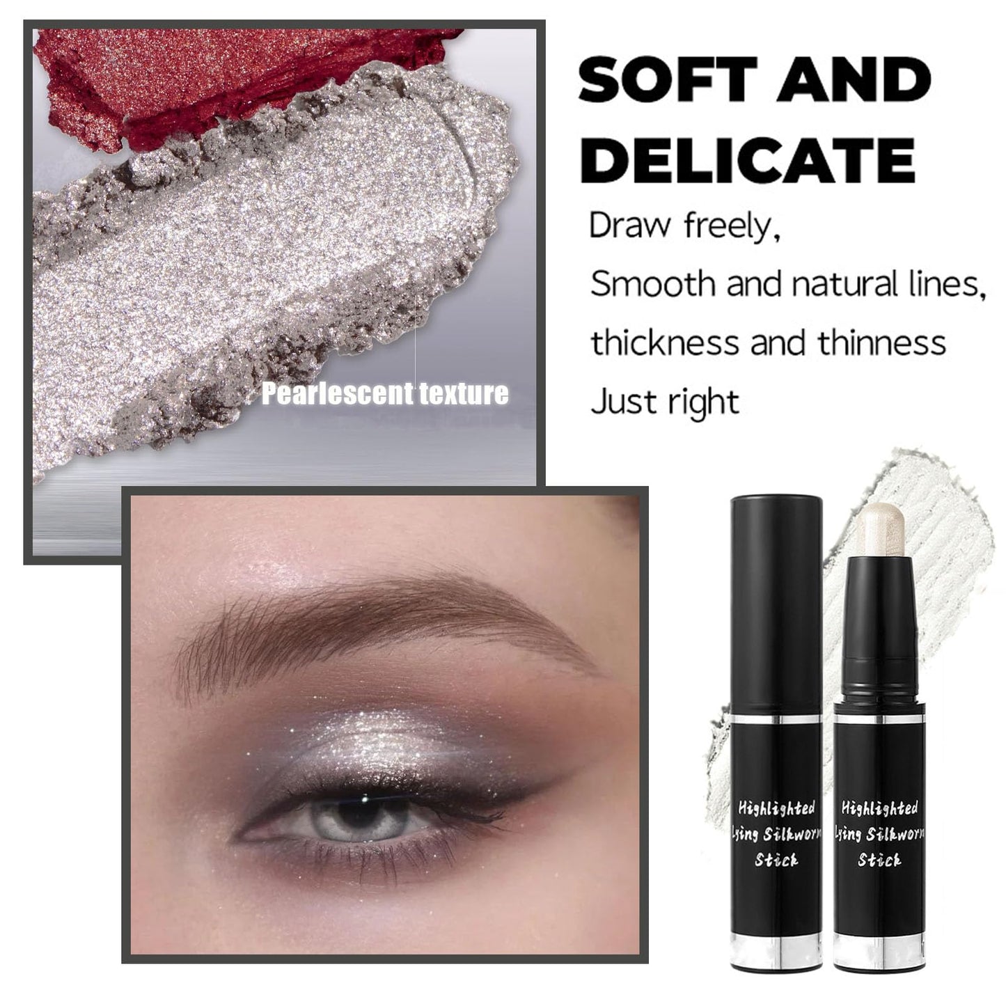 LYNTYAOU White Pearl Eyeshadow Stick, Shimmer Bright Color Eyes Makeup Pen, Metallic Cream Eye Shadow Crayon, Pearlescent Glitter Eyeshadows Pencil, High Pigmented Eyeliner Smooth for Women