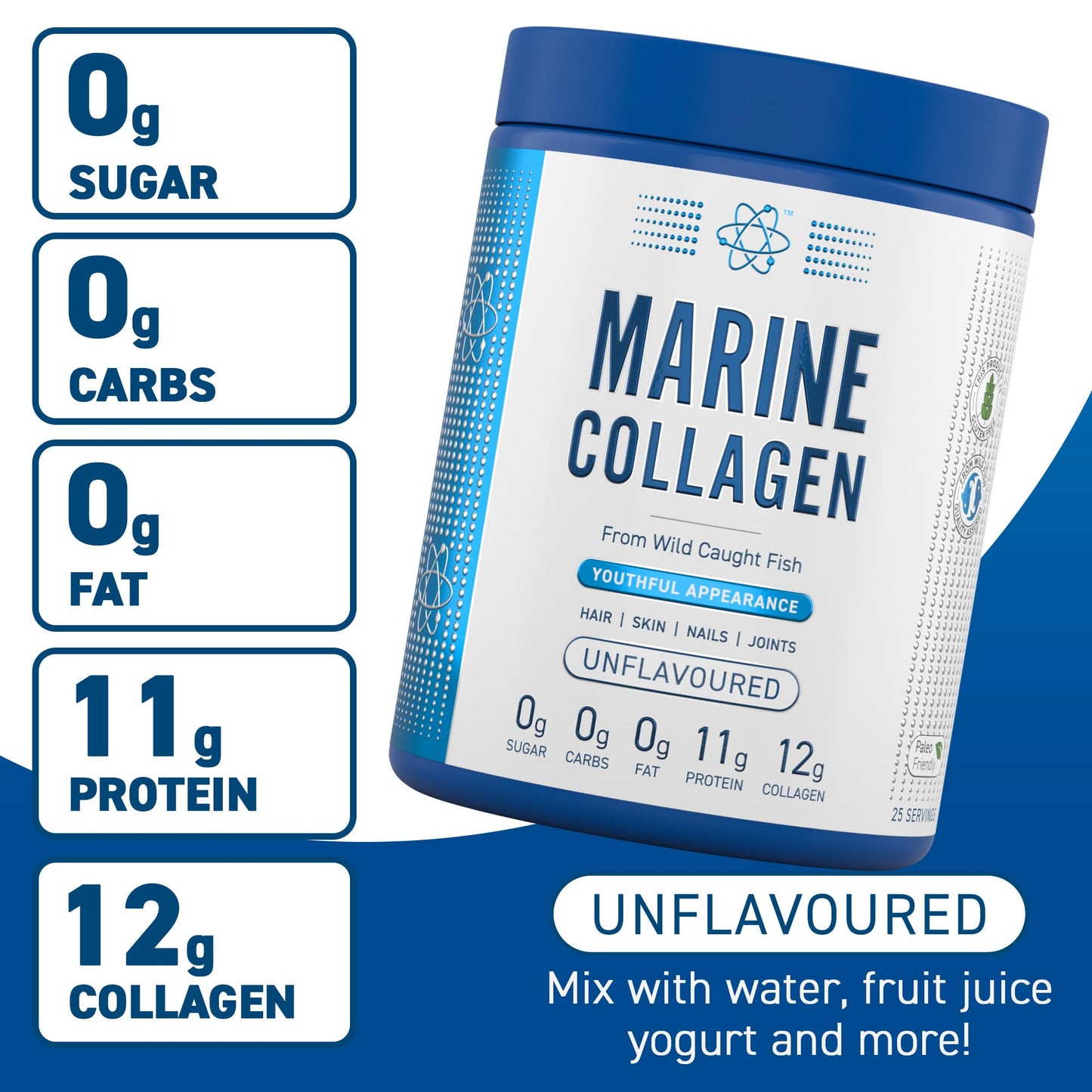 Applied Nutrition Marine Collagen Powder - Hydrolysed Collagen Protein, Healthy Skin, Hair, Nails (Unflavoured) (300g - 25 Servings)