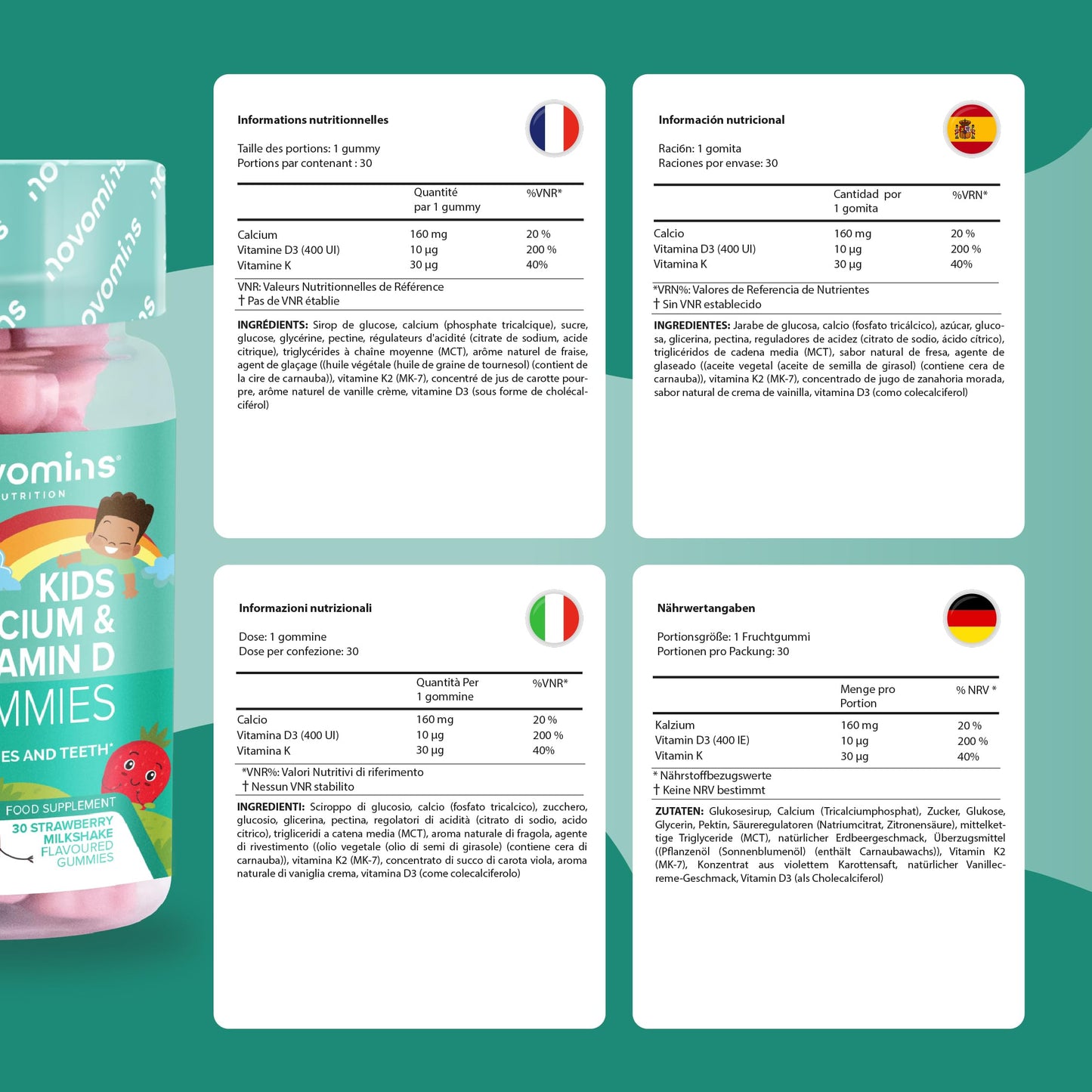 novomins Kids Calcium Gummies - 160mg of Calcium Supplement - with Vitamin D3 K2 - Healthy Bones & Teeth - Alternative to Calcium Tablets - Vegetarian & Gluten-Free - 30 Calcium Gummies for Kids - Novomins