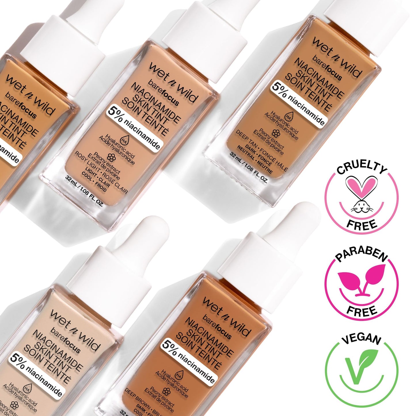 Wet n Wild Bare Focus Niacinamide Skin Tint, Lightweight Foundation with Buildable Formula, Enriched with Hyaluronic Acid and Vitamin E for a Radiant Look, Light
