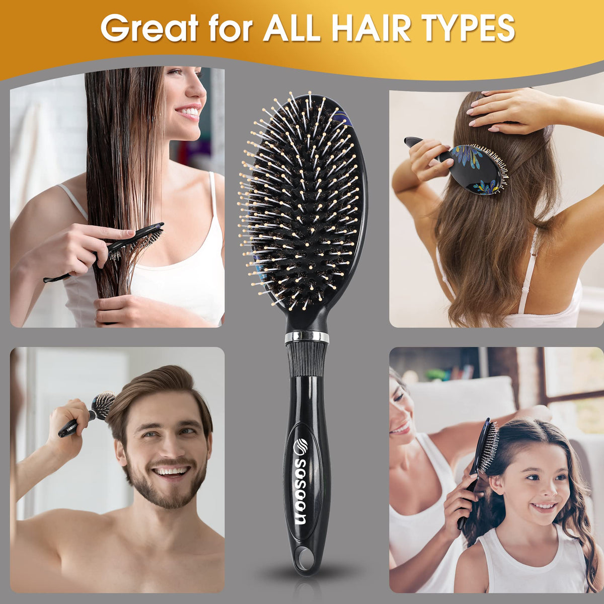 Hair Brush, Sosoon Boar Bristle Hair Brushes for Women Men Kids Thick Curly Dry Wet Hair, Smoothing Detangling Hairbrush Adds Shine and Improves Hair Texture with Hair Comb (Black)