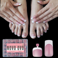 NOVO OVO French Tip Hand and Toe Nail Tips Press on kit, BERRY PINK Square Soft Gel Nail Extension, Square Round Toenails, Pre-applied Tip Primer & Base Coat, Full Cover Matte for DIY x 15 Sizes