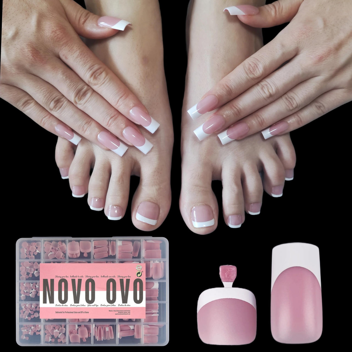 NOVO OVO French Tip Hand and Toe Nail Tips Press on kit, BERRY PINK Square Soft Gel Nail Extension, Square Round Toenails, Pre-applied Tip Primer & Base Coat, Full Cover Matte for DIY x 15 Sizes