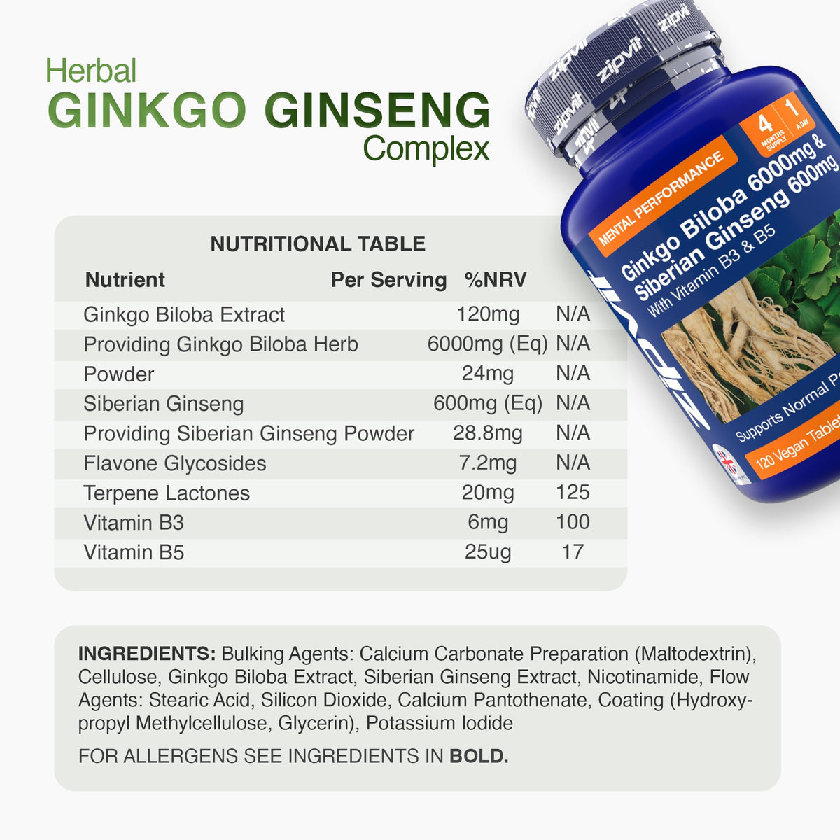 Zipvit Ginkgo Biloba 6000mg & Siberian Ginseng 600mg with Vitamin B3 & B5, Supports Energy & Mental Performance. 4 Months Supply, 120 Vegan Tablets, 1 a Day.
