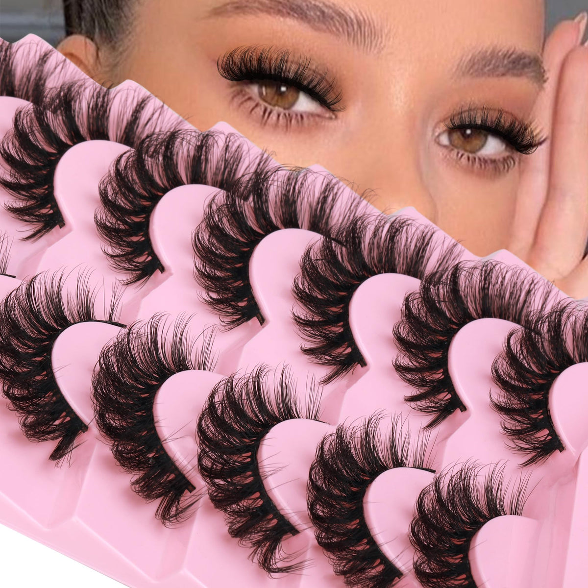 JIMIRE Cat Eye Lashes with Eyelash Glue Russian Strip D Curl Lashes Wispy 6D Volume False Eyelashes with Lash Glue Thick Crossed Soft Fake Eyelashes Fluffy 7 Pairs Pack
