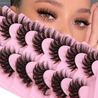 JIMIRE Cat Eye Lashes with Eyelash Glue Russian Strip D Curl Lashes Wispy 6D Volume False Eyelashes with Lash Glue Thick Crossed Soft Fake Eyelashes Fluffy 7 Pairs Pack