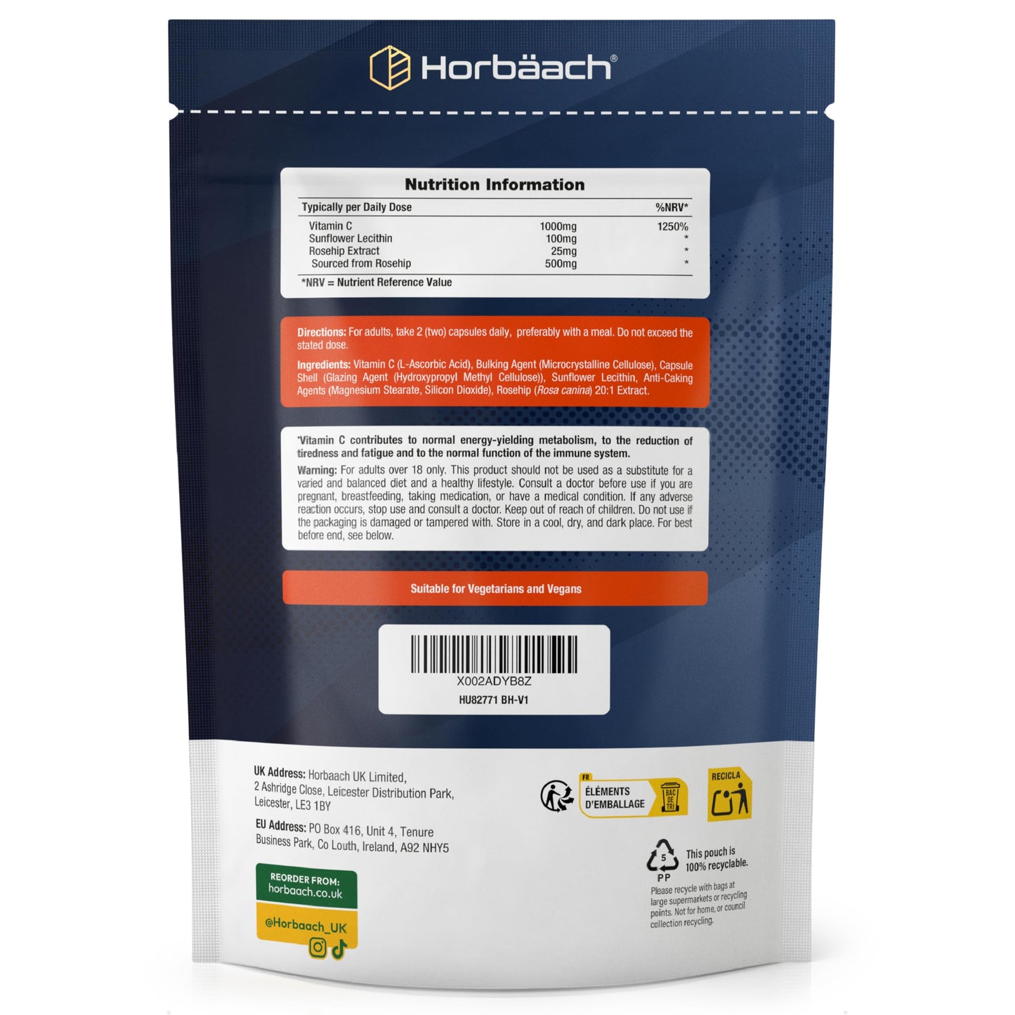 Horbäach Vitamin C 1000mg with Rosehip | 180 Capsules | High Strength Vitamin C as Ascorbic Acid with Added Rosehip and Sunflower Lecithin | Vegan Supplement | by Horbaach
