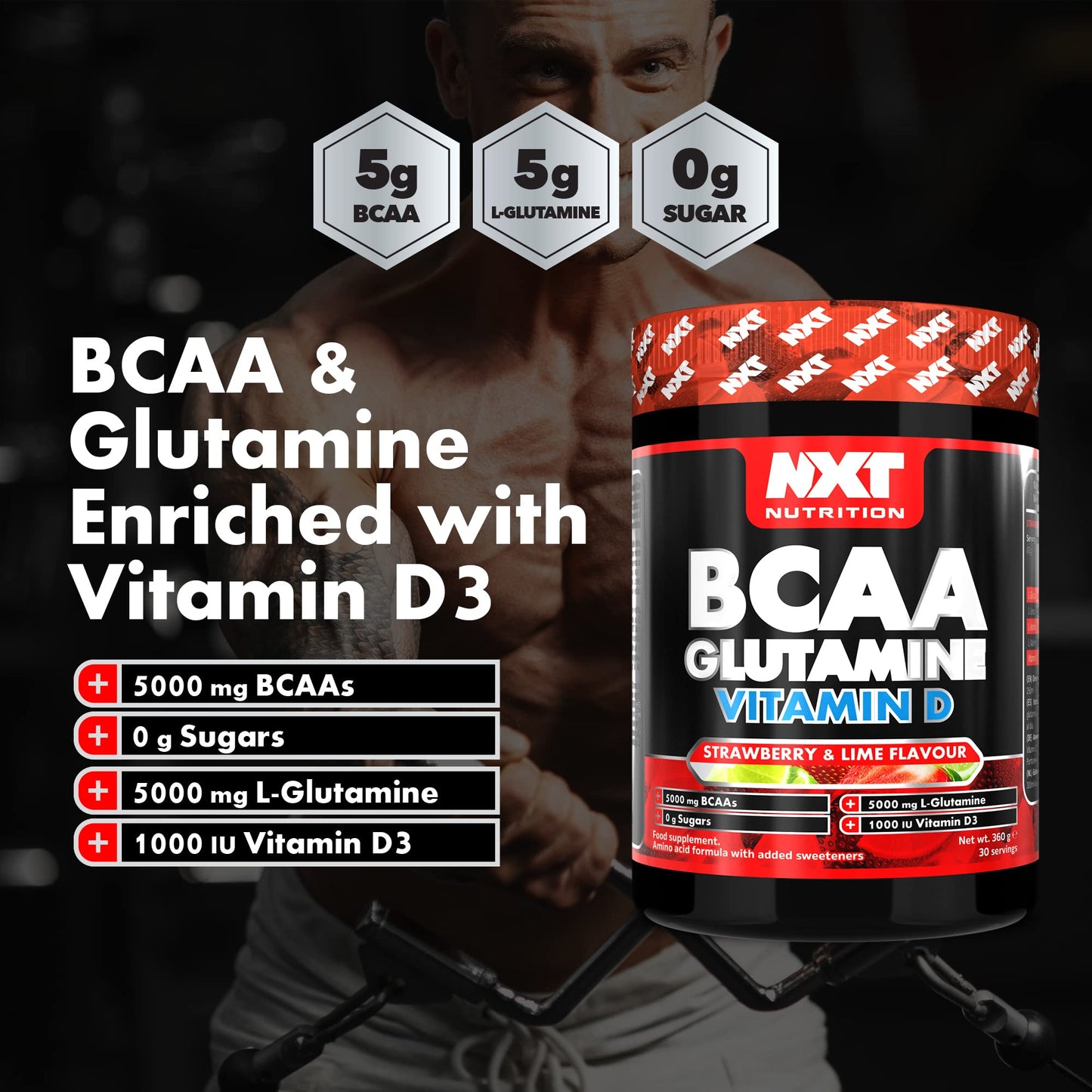 NXT Nutrition BCAA, Glutamine & Vitamin D | BCAAs Amino Acids with Vitamin D3 and L-Glutamine - for Recovery, Gut Health and Muscle Protein Synthesis | 360g - 30 Servings (Strawberry Lime)