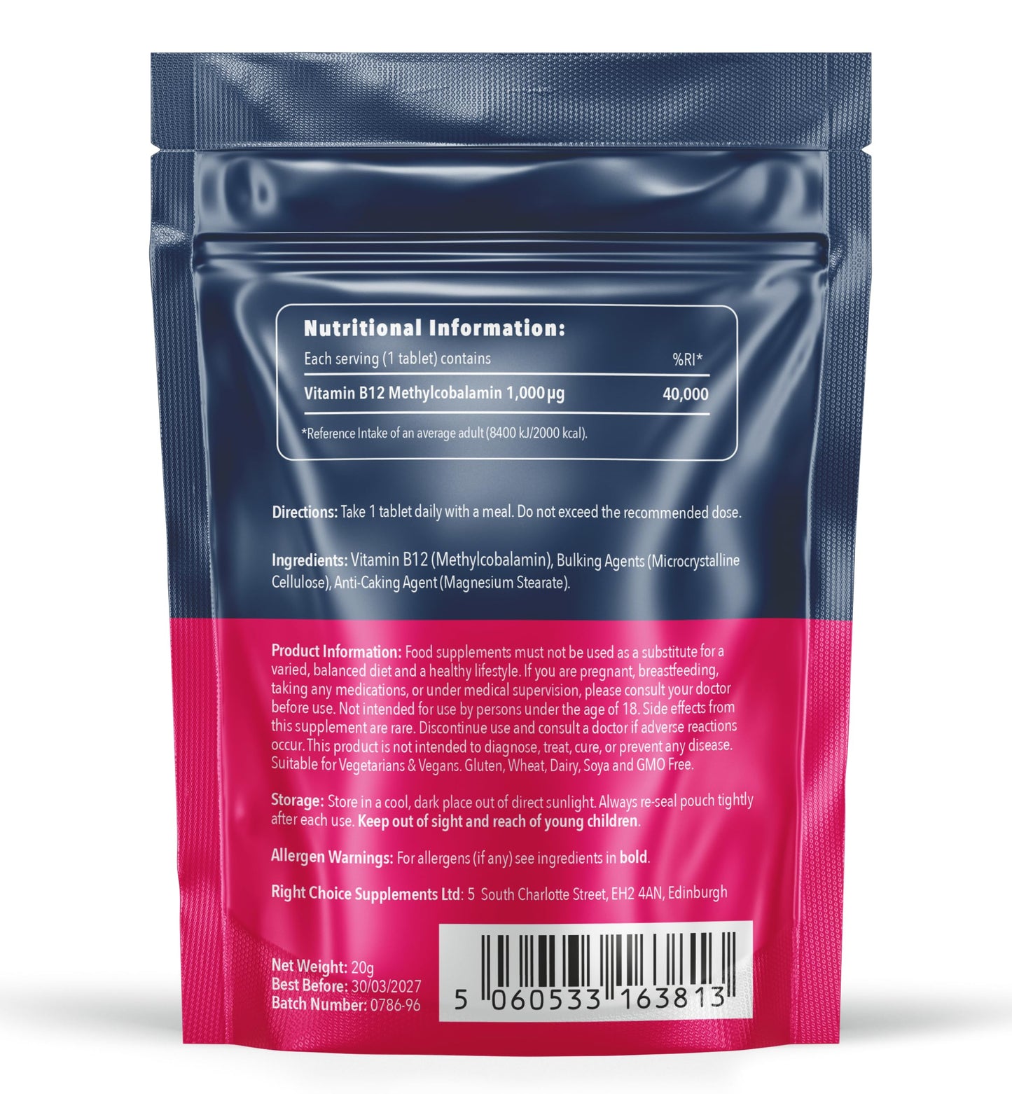 Right Choice Supplements Vitamin B12 High Strength 1000 μg (mcg) - 180 Tablets - Pure Methylcobalamin Supplement - Energy Support - UK Vegan VIT B12