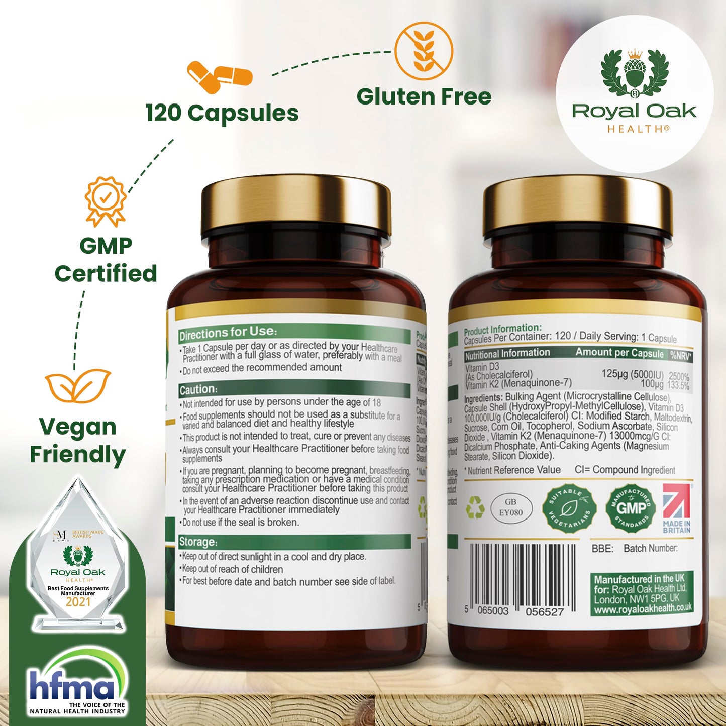 Vitamin D3 5000 IU & Vitamin K2 100mcg (MK-7) x120 Capsules, 4 Month Supply - High Strength Vitamin D & K2 Supplement for Men & Women, Made in The UK by Royal Oak Health