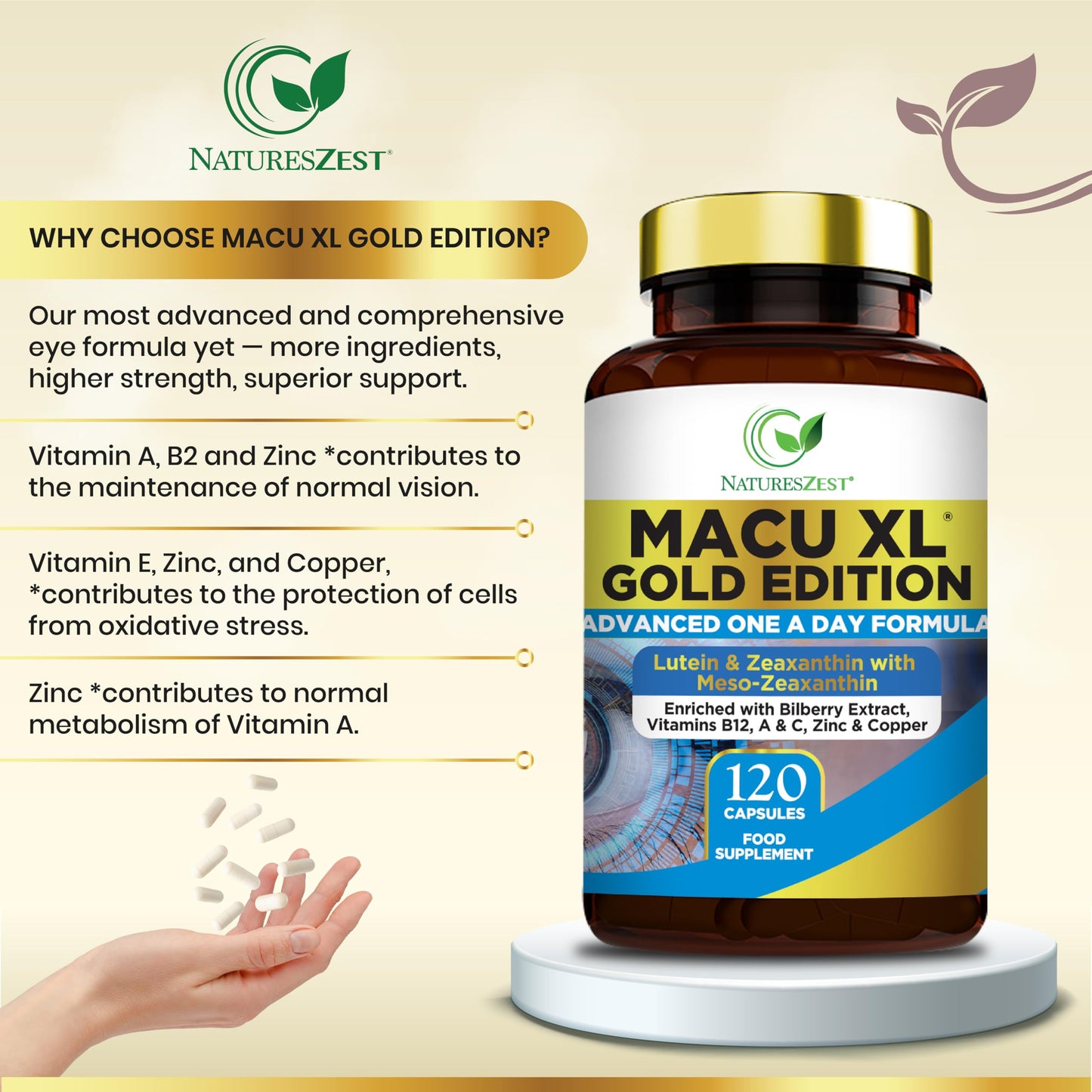 Natures Zest Macu XL Gold Edition - Eye Health Supplement with Lutein, Zeaxanthin and Meso-zeaxanthin, and Essential Vitamins & Minerals, 120 Capsules, 4 Month Supply - Supplement for Vision Health