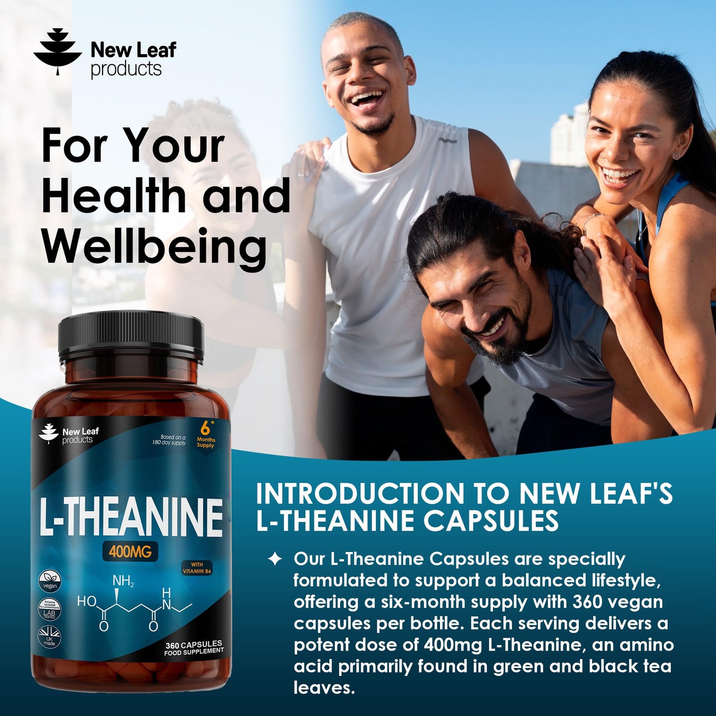 L Theanine Enriched with Vitamin B6 - High Strength L Theanine 400mg Natural Nootropics from Green Tea - 360 Vegan L-Theanine Capsules - Made in The UK Theanine Supplements by New Leaf