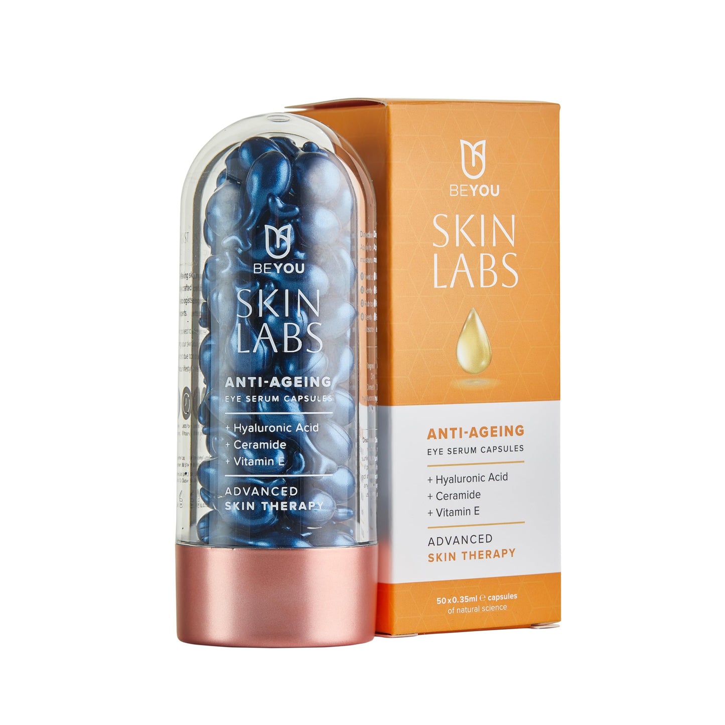 BeYou Skin Labs Anti-Ageing Eye Serum Capsules with Hyaluronic Acid, Ceramide & Vitamin E | Advanced Anti-Ageing Therapy for Radiant & Revitalised Skin | Peptides to Energise & Nourish Skin | 50 Count