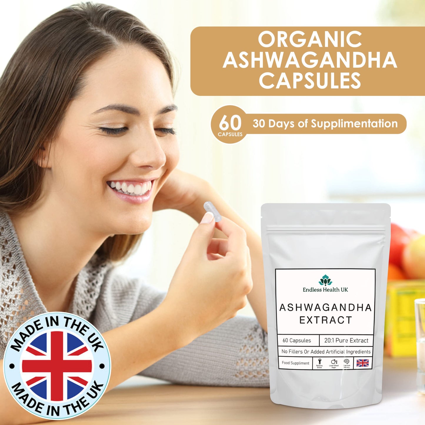 Endless Health UK Ashwagandha Extract | High Strength | 20:1 Extract | 60 Capsules