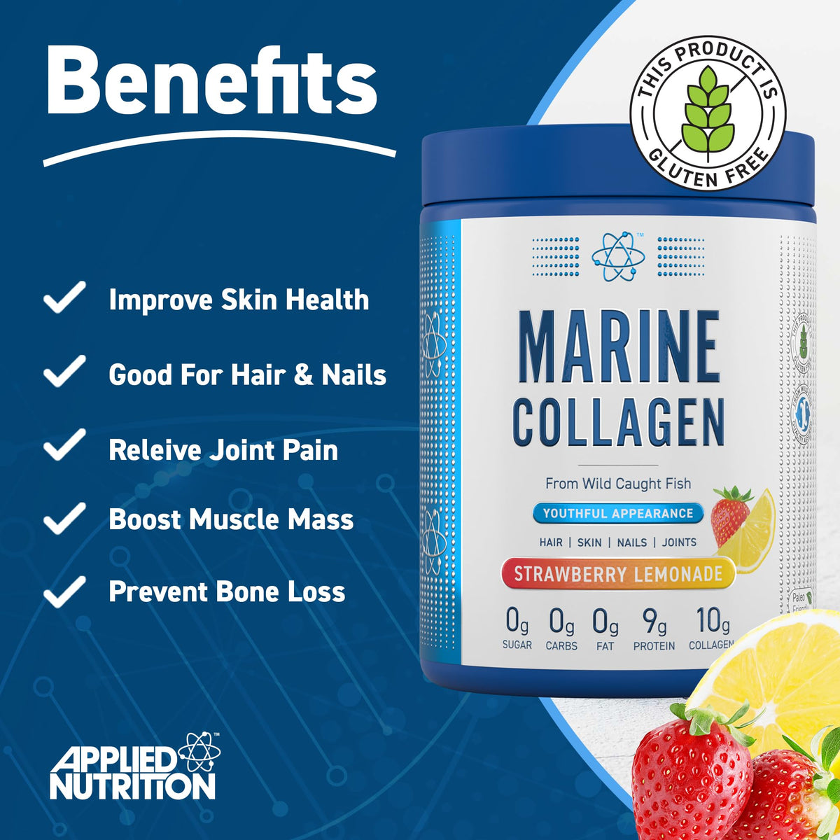 Applied Nutrition Marine Collagen Powder - Hydrolysed Collagen Protein, Healthy Skin, Hair, Nails (Strawberry & Lemonade) (300g - 25 Servings)