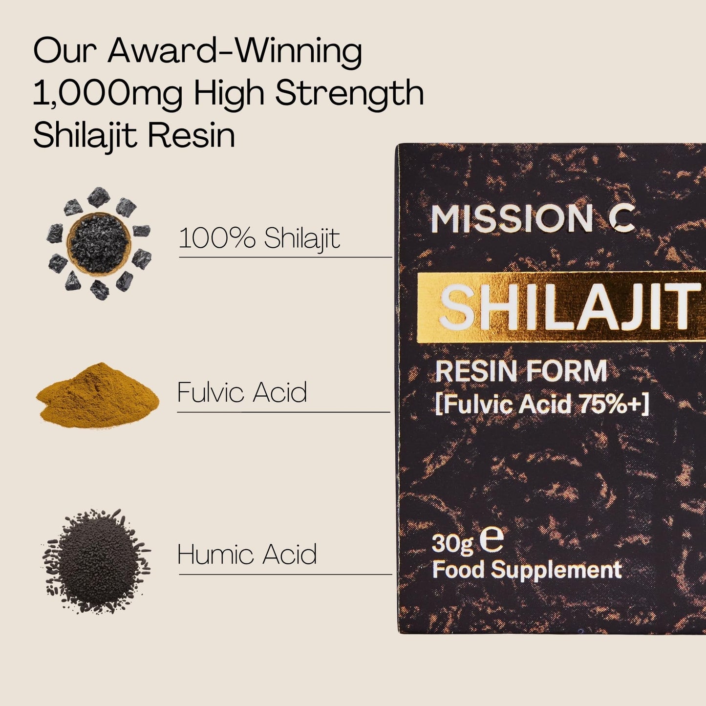 Shilajit from The Himalayas - 30g High Grade - 100% Pure, Rich in Fulvic & Humic Acid, Contains 85 Minerals, Immune System & Vitality Booster, Vegan - Lab Tested - Mission C