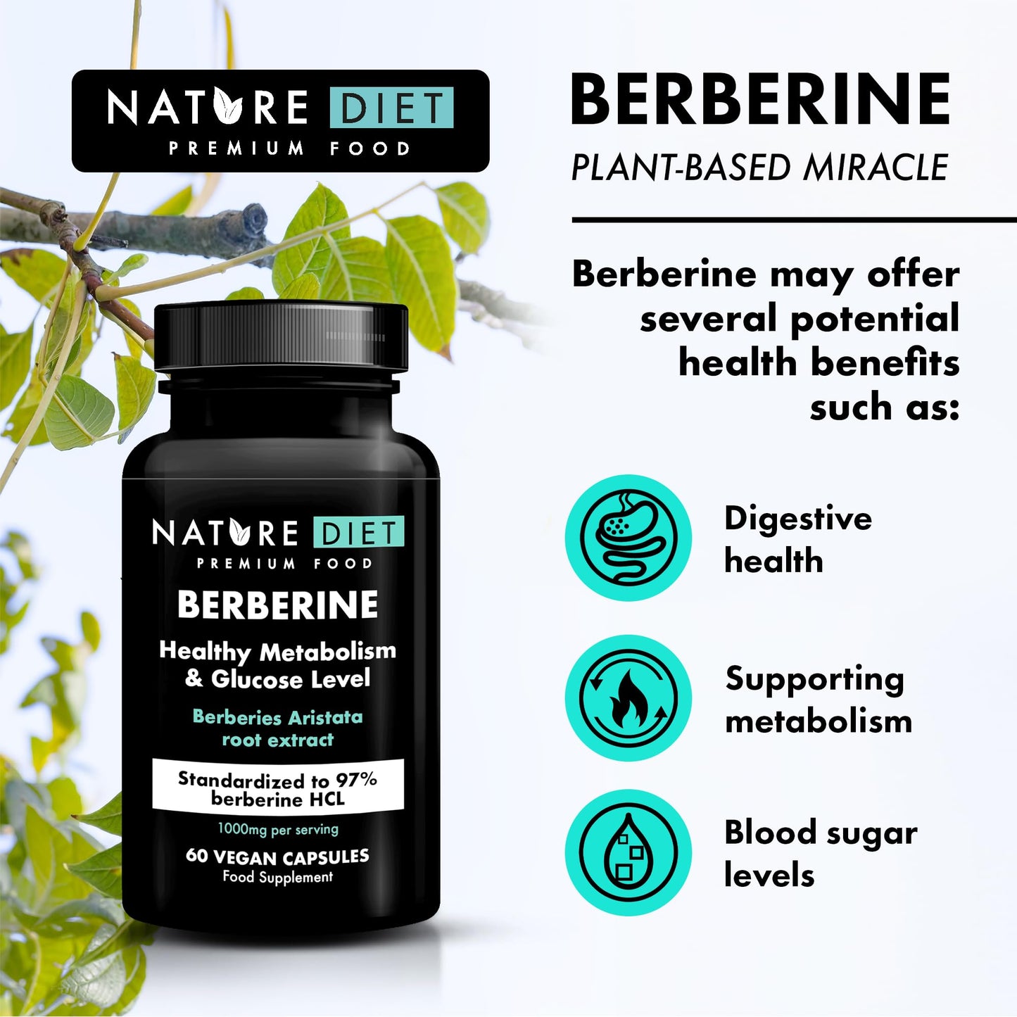 Nature Diet Berberine - 1000mg Berberine HCL per Serving - 60 Vegan Capsules - Supports Metabolism & Glucose Levels