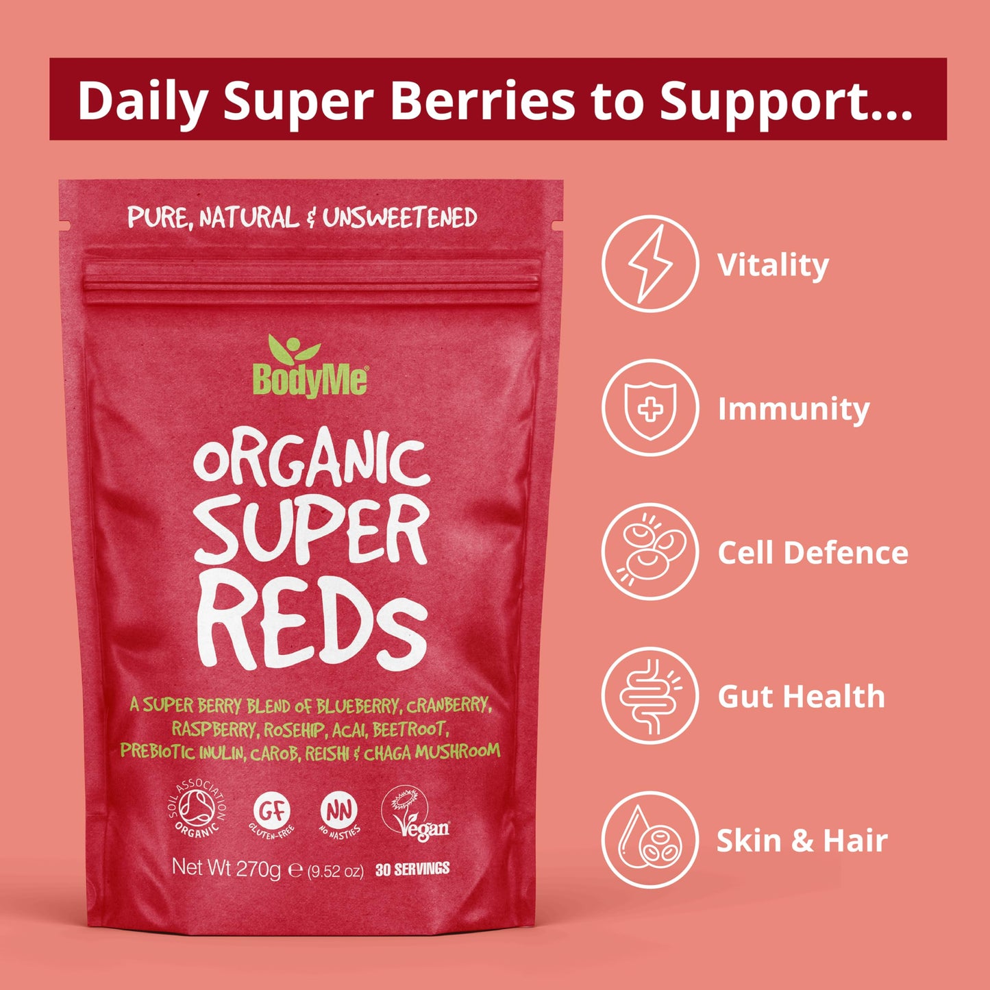 BodyMe Organic Vegan Red Powder - Vegan Super Reds Blend with Blueberry, Cranberry, Acai and Other Organic Ingredients - Quick & Easy Nutrients, (30 Servings, 270g) | UK