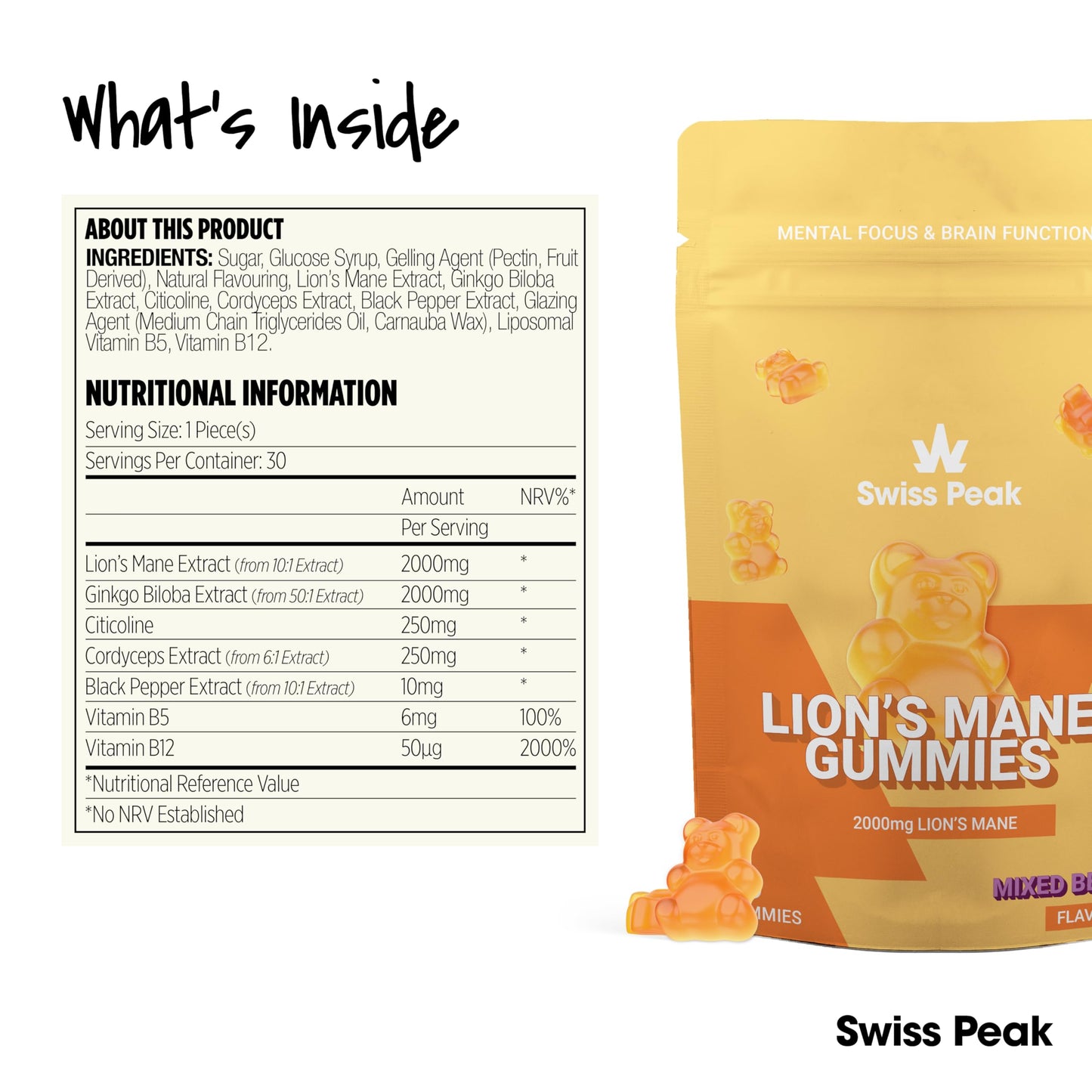 Swiss Peak Lion's Mane 2000mg Max-Strength Gummies, Ginkgo Biloba, Citicoline, Cordyceps, Vitamins B5, B12, 30 Pieces, UK Made | Mental Clarity, Effective Alternative to Capsules and Tablets
