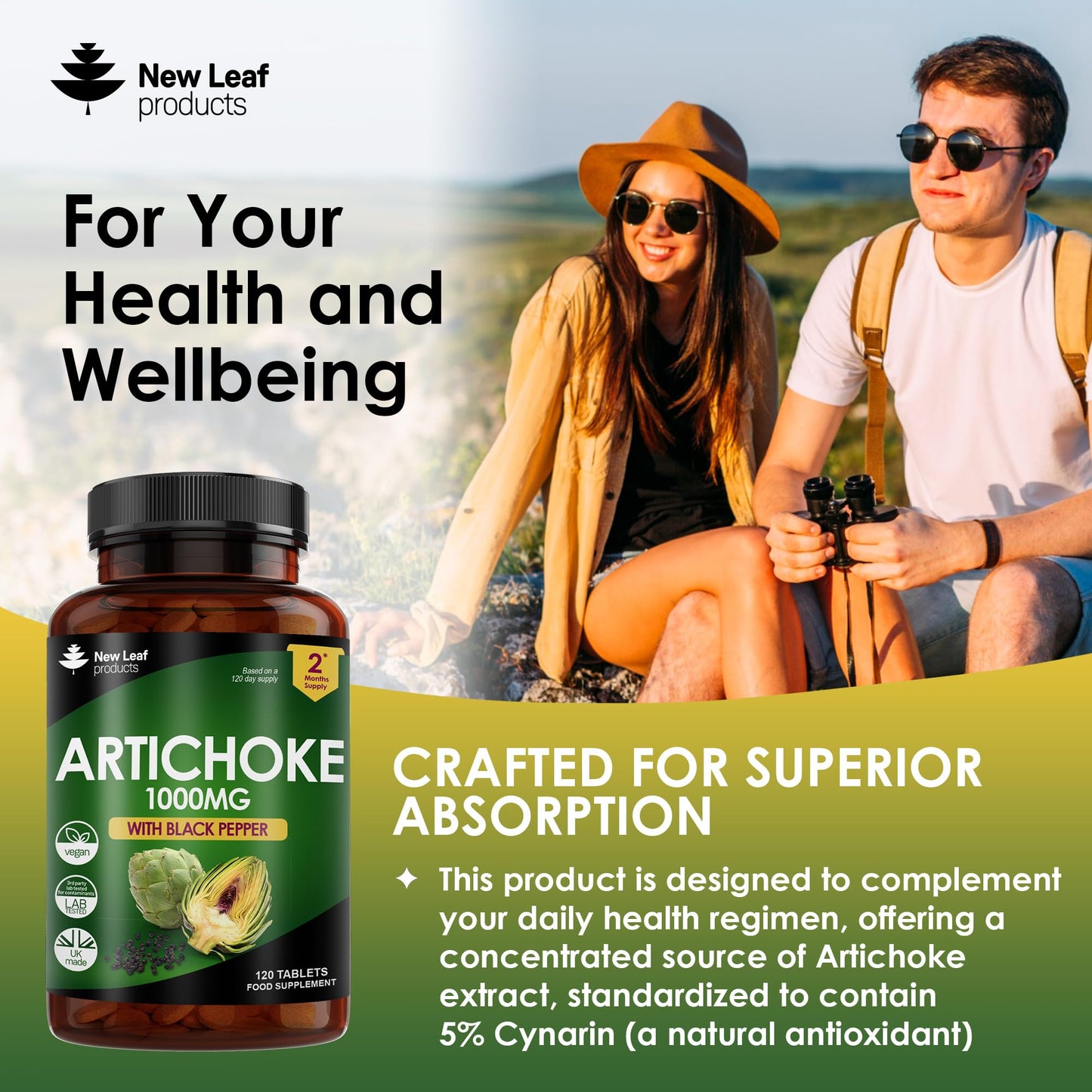 NEW LEAF PRODUCTS Artichoke Extract Tablets - 120 High Strength Artichoke Extract Tablets Enriched with Black Pepper - Artichoke Supplements No Inulin or Leaf Fibre - 5% Cynarin - 1000mg Made in UK