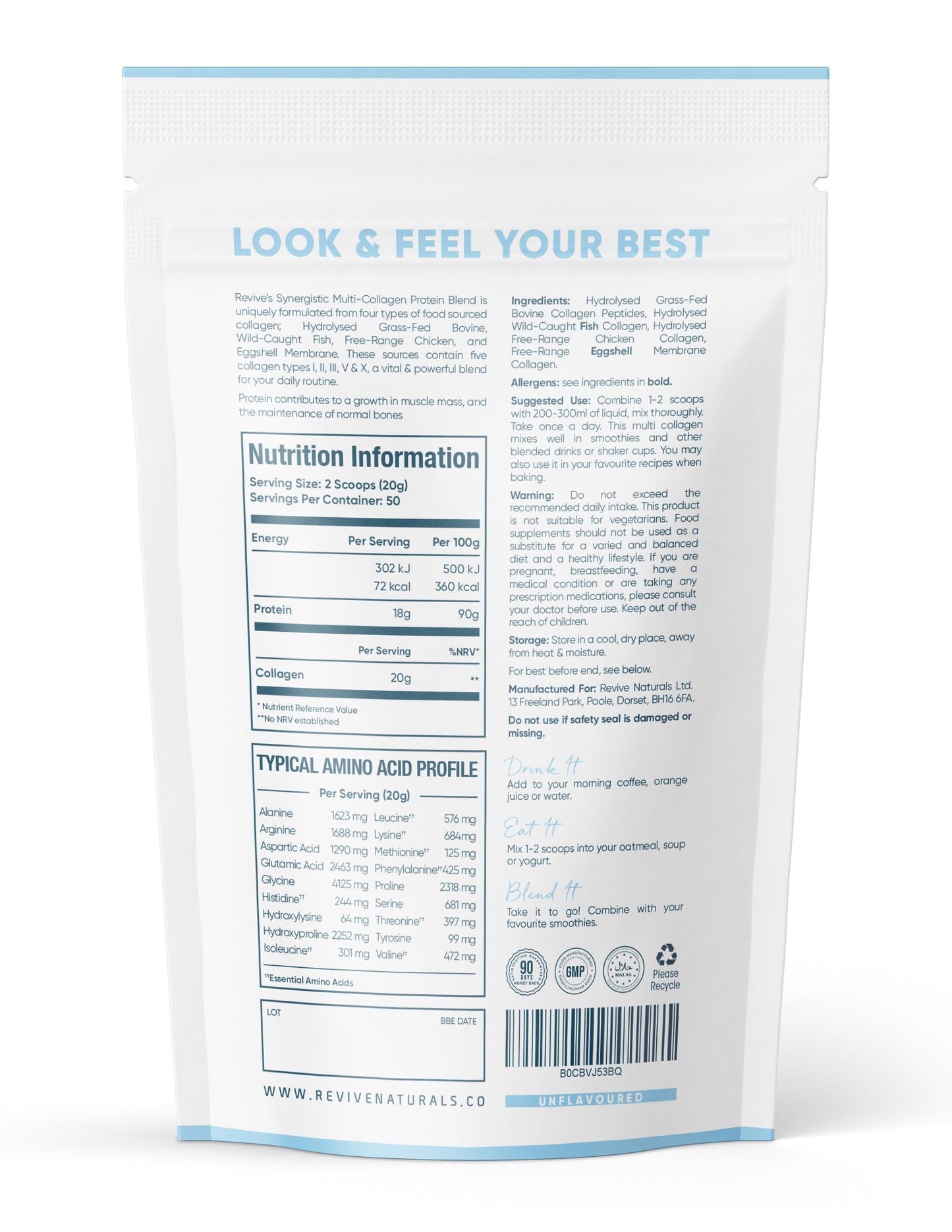 Revive Naturals Multi Collagen Protein Powder (1kg) - Types I, II, III, V & X - Hydrolyzed Grass Fed Bovine, Wild Caught Fish, & Free-Range Chicken & Eggshell Collagen. Non-GMO, Halal.