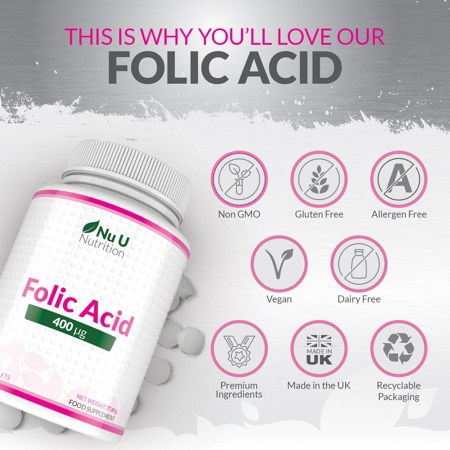 Nu U Nutrition Folic Acid 400 mcg - 450 Vegan Tablets - 15 Month Supply - High Strength Pregnancy Vitamins for Women - Vitamin B9 Supports Maternal Tissue Growth During Pregnancy - Prenatal Vitamins