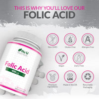 Nu U Nutrition Folic Acid 400 mcg - 450 Vegan Tablets - 15 Month Supply - High Strength Pregnancy Vitamins for Women - Vitamin B9 Supports Maternal Tissue Growth During Pregnancy - Prenatal Vitamins