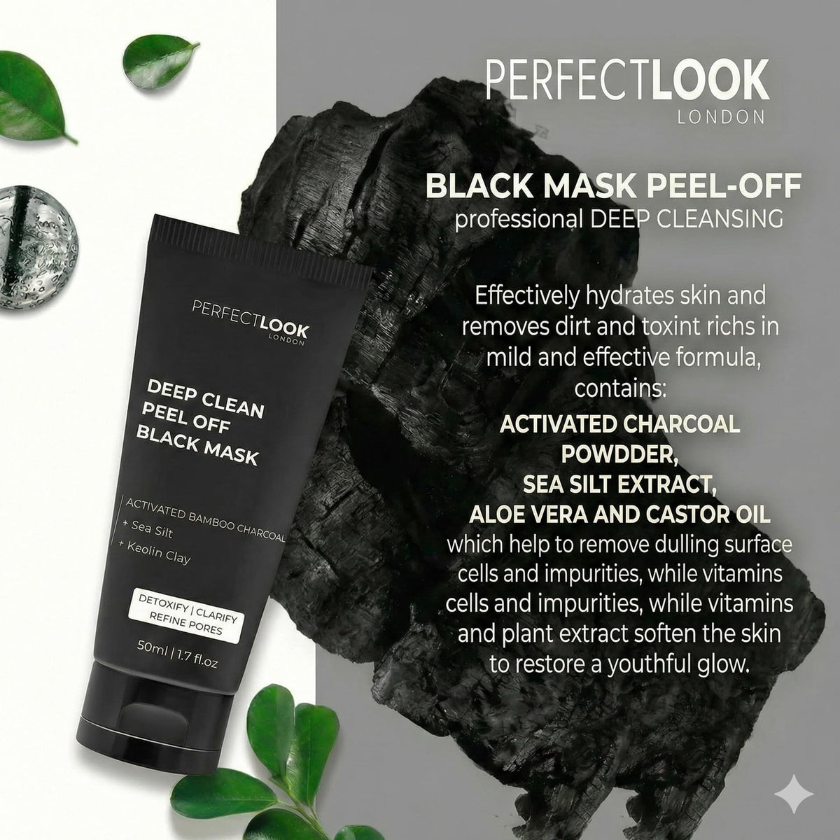 PERFECT LOOK LONDON Perfect Look London Peel-Off Face Mask for Blackhead Remover & Acne – Deep Pore Cleanser with Bamboo Charcoal & Kaolin – Unclogs Pores & Controls Oil