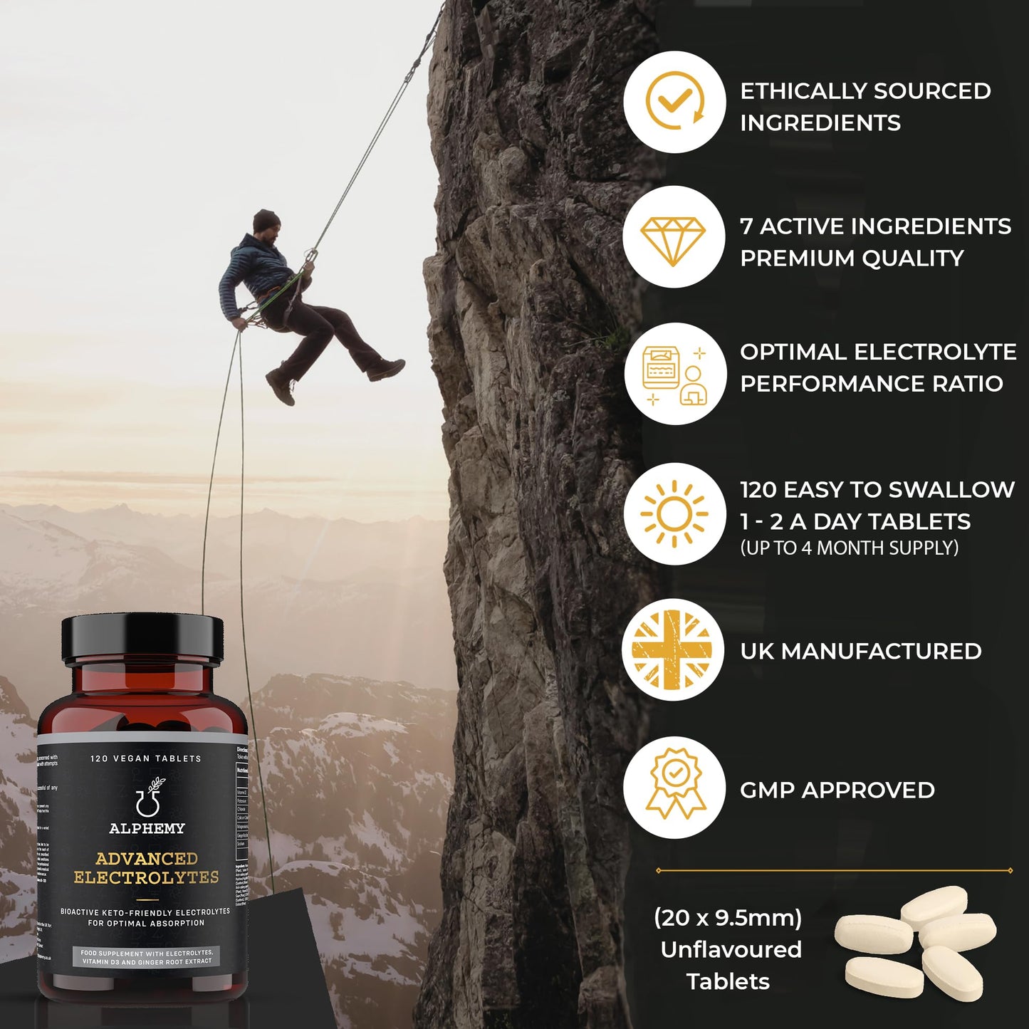 Advanced Electrolyte Complex, x120 Tablets Enhanced with Ginger Root Extract, Vitamin D3 & Magnesium. High Performance Salts for Fasting, Keto & Vegan Friendly, UK Made Alphemy