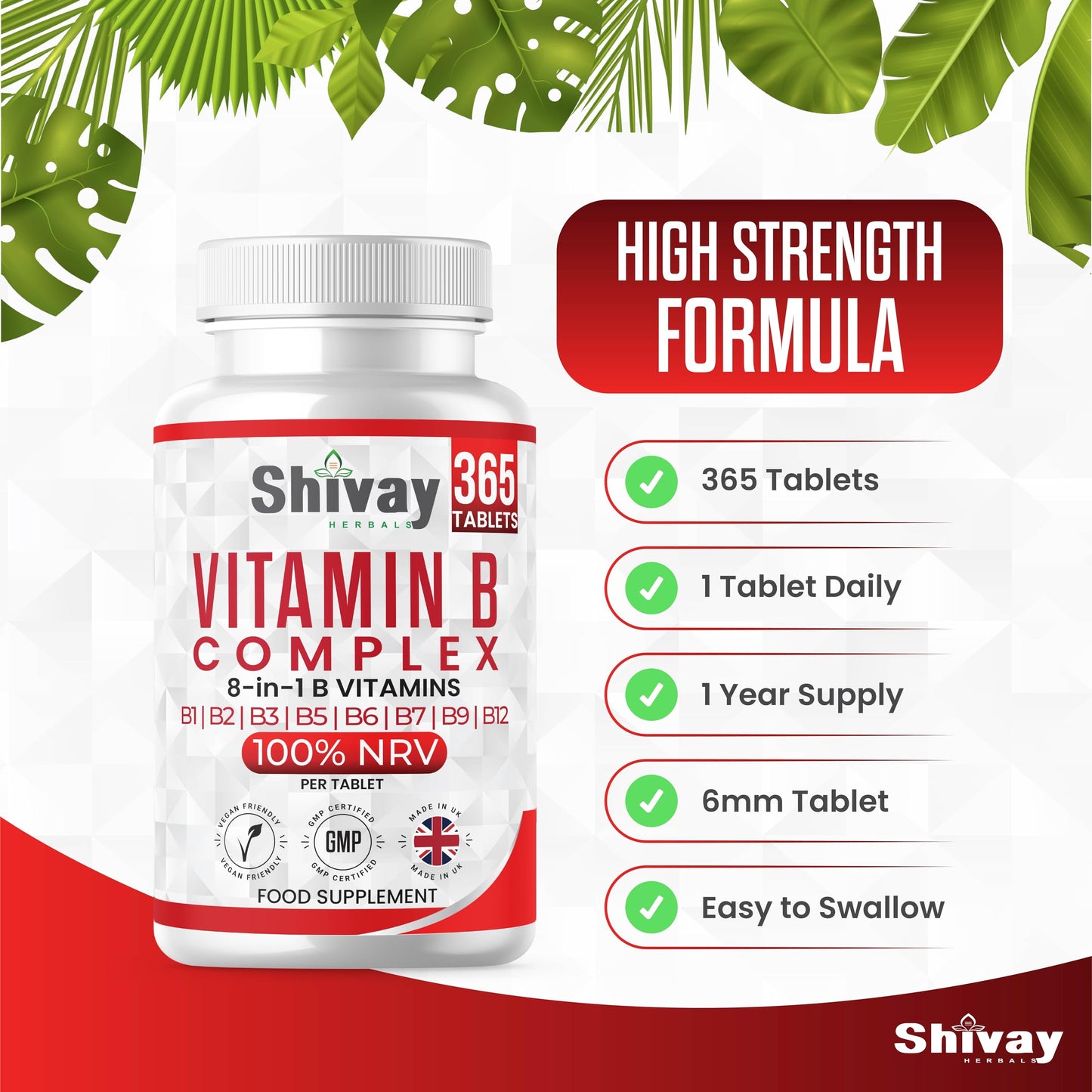 Shivay Herbals Vitamin B Complex – 365-Count Vitamin B Complex Tablets 1-Year Supply High-Strength Tablets with B1, B2, B6, B12, Folic Acid, Biotin for Tiredness, Fatigue, Immune Support, Made in UK