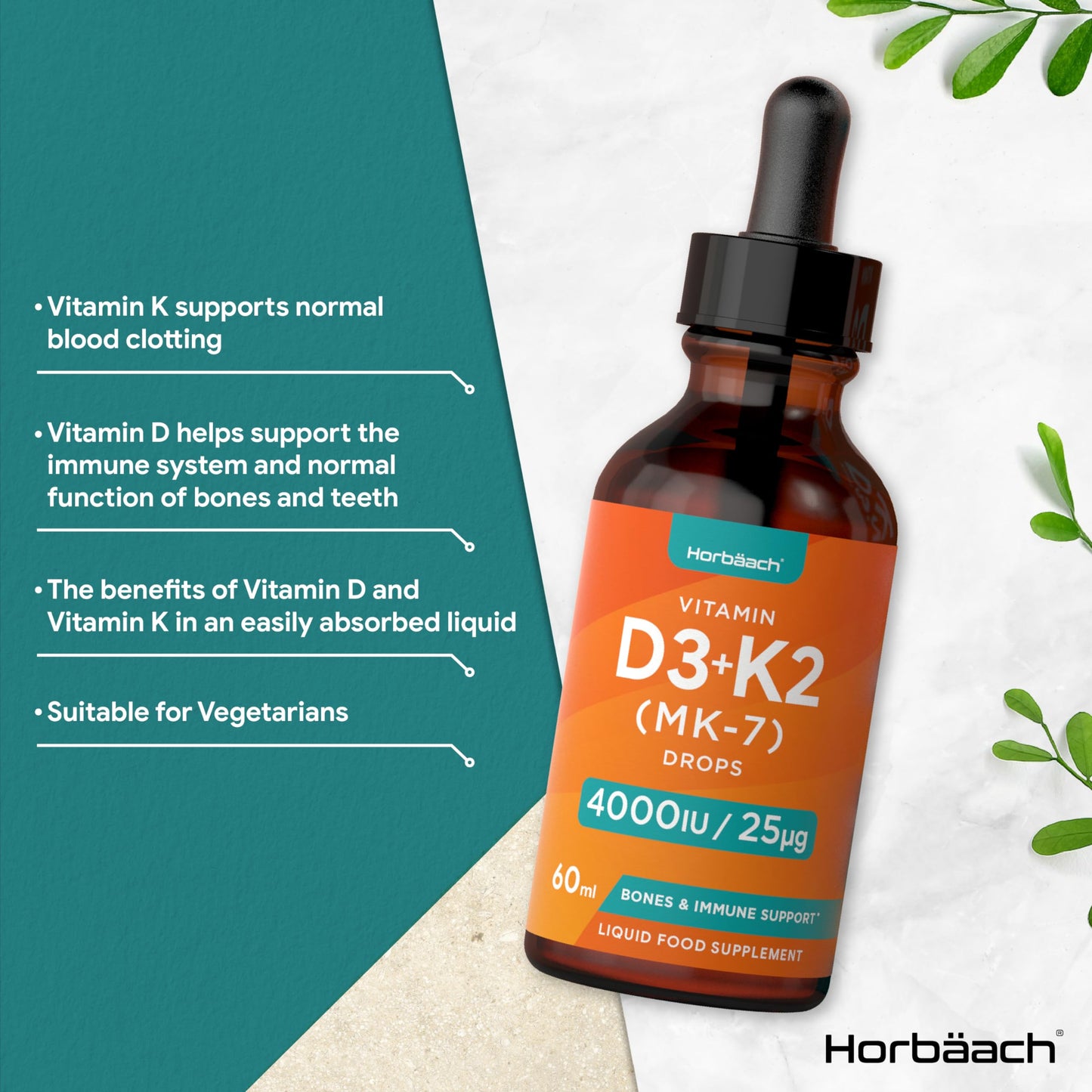 Vitamin D3 K2 Drops | 60mL | High Strength Vitamin D3 4000iu and K2 25ug | No Artificial Preservatives | Suitable for Vegetarians | by Horbaach